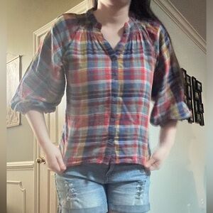 Plaid red, blue, yellow 3 Quarter Sleeve Size Large